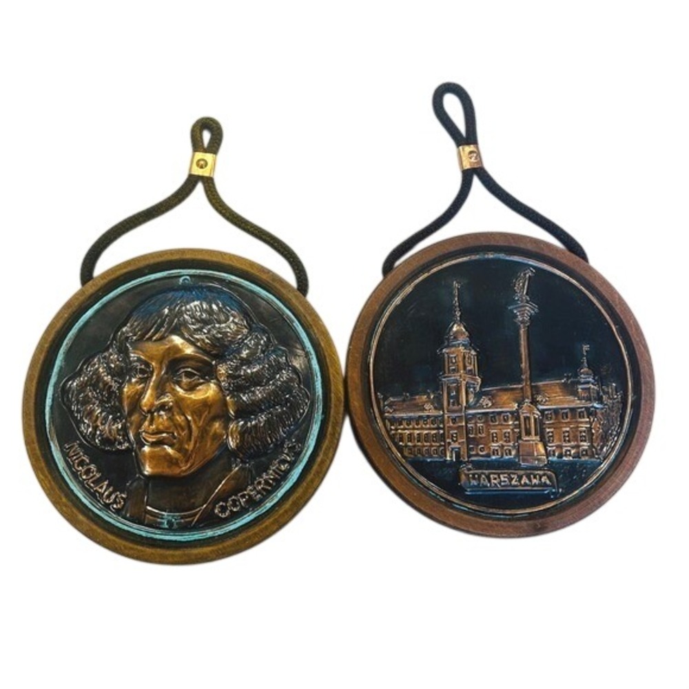 Vintage Polish Copper Relief Wall Plaques Nicolaus Copernicus & Warszawaโ Set 2